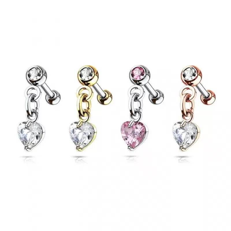 Штанга (серьга) 1,2 мм из стали с подвеской "Сердце" для пирсинга хеликса, хряща уха PiercedFish JD19202