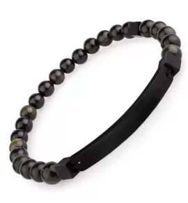 Мужской браслет из золотого обсидиана с пластиной для гравировки Everiot Select LNS-2298 на резинке