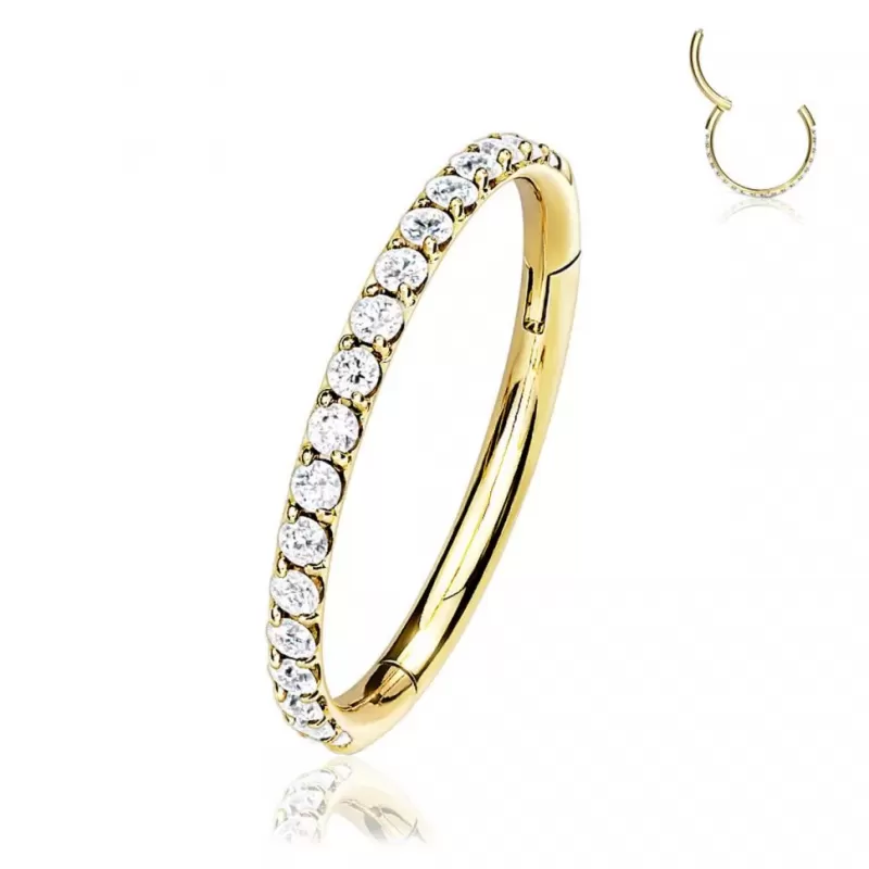 Кольцо кликер из титана с фианитами Pirslab RHT41 серьга для пирсинга септума, трагуса и хеликса, брови, губ (диаметр от 8 мм до 10 мм), желтое золото