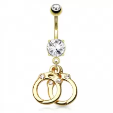 Серьга банан для пирсинга пупка PiercedFish GDPN15393-C с подвеской в виде наручников и фианитами