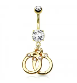 Серьга банан для пирсинга пупка PiercedFish GDPN15393-C с подвеской в виде наручников и фианитами