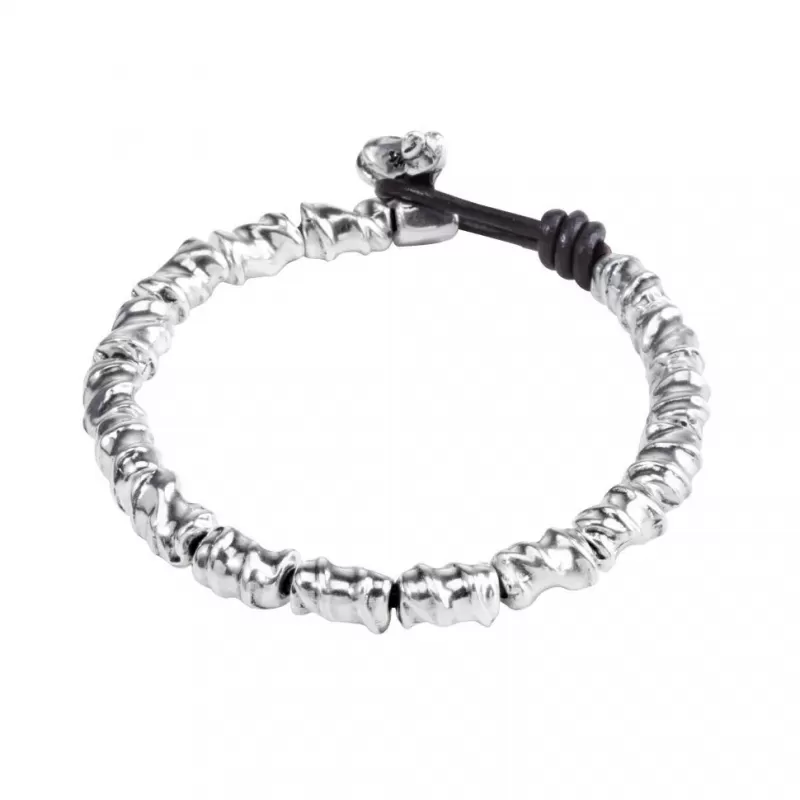 Мужской браслет UNOde50 PUL1489 из посеребренных бусин на кожаном шнуре