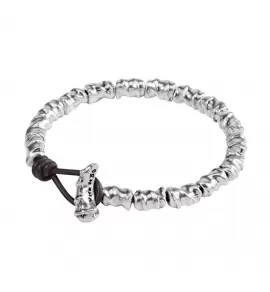 Мужской браслет UNOde50 PUL1489 из посеребренных бусин на кожаном шнуре