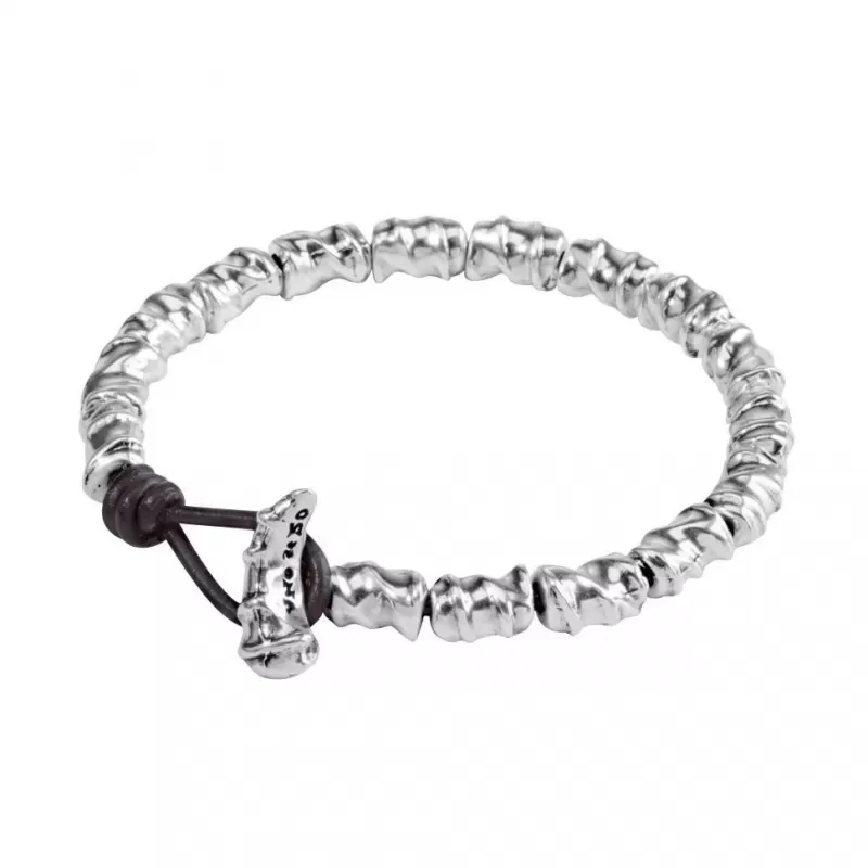 Мужской браслет UNOde50 PUL1489 из посеребренных бусин на кожаном шнуре