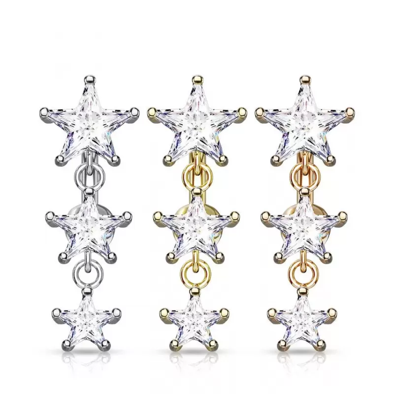 Серьга для пирсинга пупка PiercedFish N008 c подвеской и фианитами в форме звезд