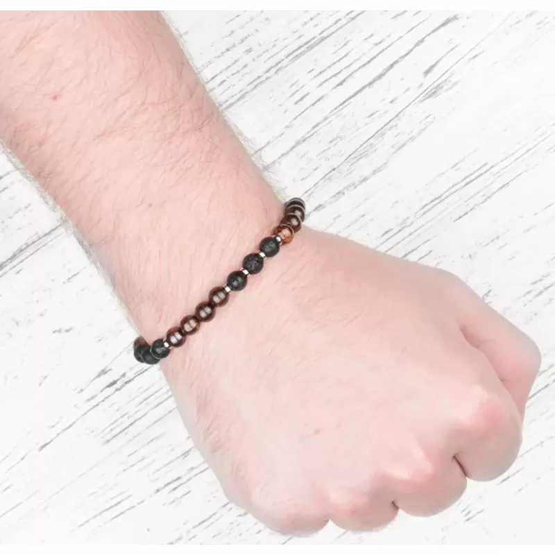 Мужской браслет на резинке Everiot Select LNS-2034 из камней лавы и бронзита