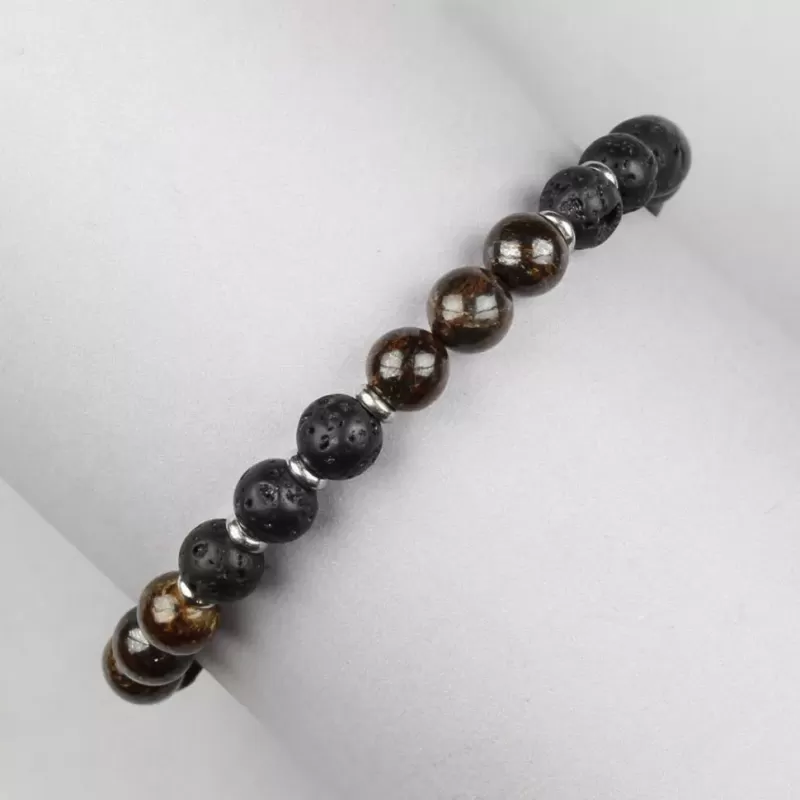 Мужской браслет на резинке Everiot Select LNS-2034 из камней лавы и бронзита