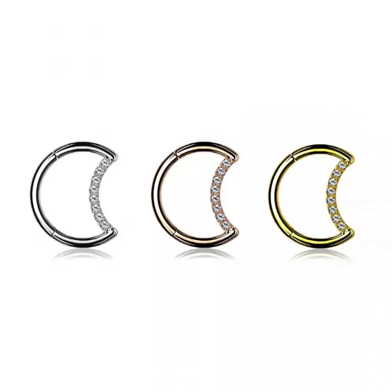 Кольцо кликер месяц из титана с фианитами Pirslab RHT65 серьга для пирсинга септума носа, брови, хряща уха, сосков, пупка, розовое золото