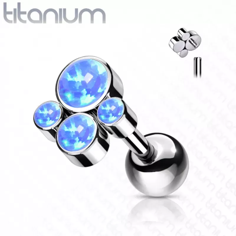 Титановая пирсинг штанга в хрящ уха, хеликс, трагус Pirslab TIJ09-OP05 накрутка кластер с опалом