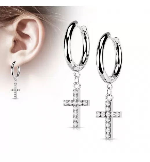 Серьги-кольца (конго) из стали TATIC SE4108 с подвеской в форме креста с фианитами