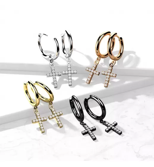 Серьги-кольца (конго) из стали TATIC SE4108 с подвеской в форме креста с фианитами