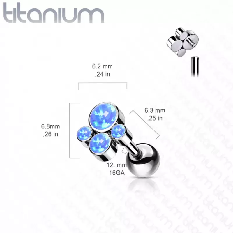 Титановая пирсинг штанга в хрящ уха, хеликс, трагус Pirslab TIJ09-OP22 накрутка кластер с опалом