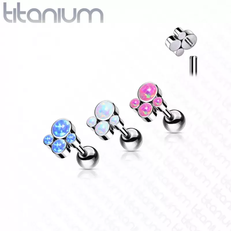 Титановая пирсинг штанга в хрящ уха, хеликс, трагус Pirslab TIJ09-OP22 накрутка кластер с опалом