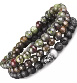 Мужской браслет в три оборота на резинке с черепом Everiot Select LNS-2054 из бронзита, лавы и яшмы