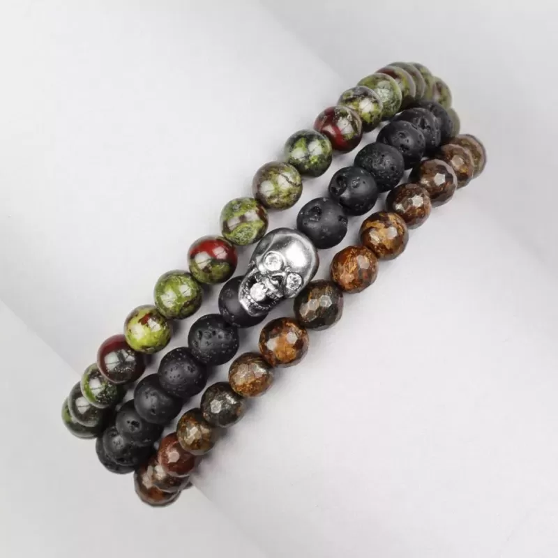 Мужской браслет в три оборота на резинке с черепом Everiot Select LNS-2054 из бронзита, лавы и яшмы