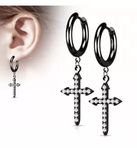 Женские серьги-кольца (конго) из стали TATIC SE4111 с подвеской в форме креста-стрелы с фианитами