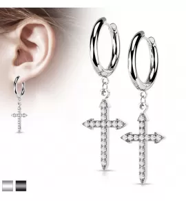 Женские серьги-кольца (конго) из стали TATIC SE4111 с подвеской в форме креста-стрелы с фианитами