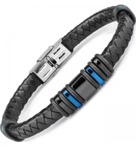 Черный кожаный браслет мужской Everiot RN-MJ-1807 с синими вставками