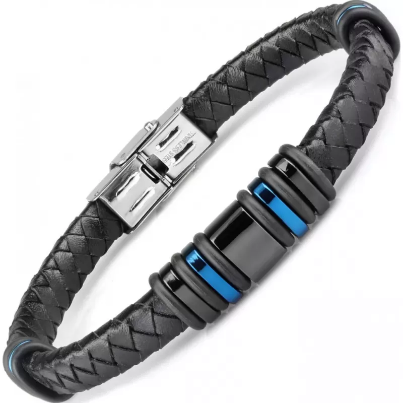 Черный кожаный браслет мужской Everiot RN-MJ-1807 с синими вставками