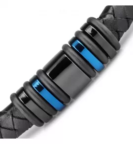 Черный кожаный браслет мужской Everiot RN-MJ-1807 с синими вставками
