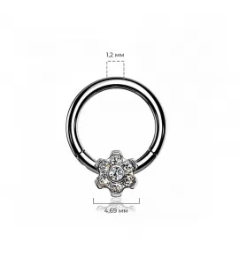 Кольцо кликер из титана с цветком и фианитами Pirslab RHT64 серьга для пирсинга септума носа, трагуса, хеликса уха, брови, сосков, пупка
