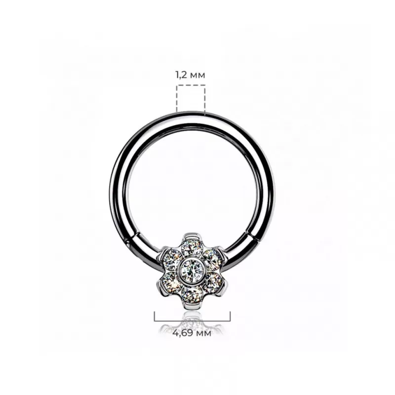 Кольцо кликер из титана с цветком и фианитами Pirslab RHT64 серьга для пирсинга септума носа, трагуса, хеликса уха, брови, сосков, пупка