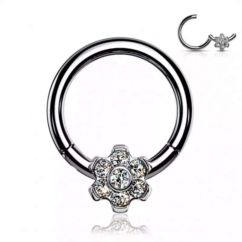 Кольцо кликер из титана с цветком и фианитами Pirslab RHT64 серьга для пирсинга септума носа, трагуса, хеликса уха, брови, сосков, пупка