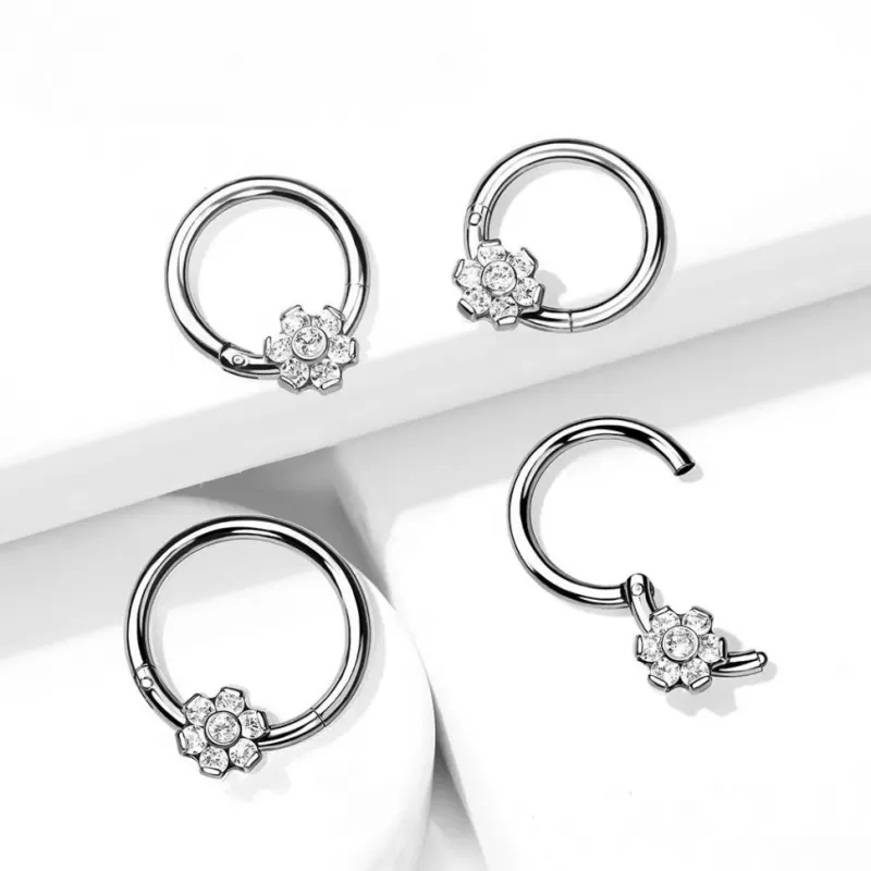Кольцо кликер из титана с цветком и фианитами Pirslab RHT64 серьга для пирсинга септума носа, трагуса, хеликса уха, брови, сосков, пупка