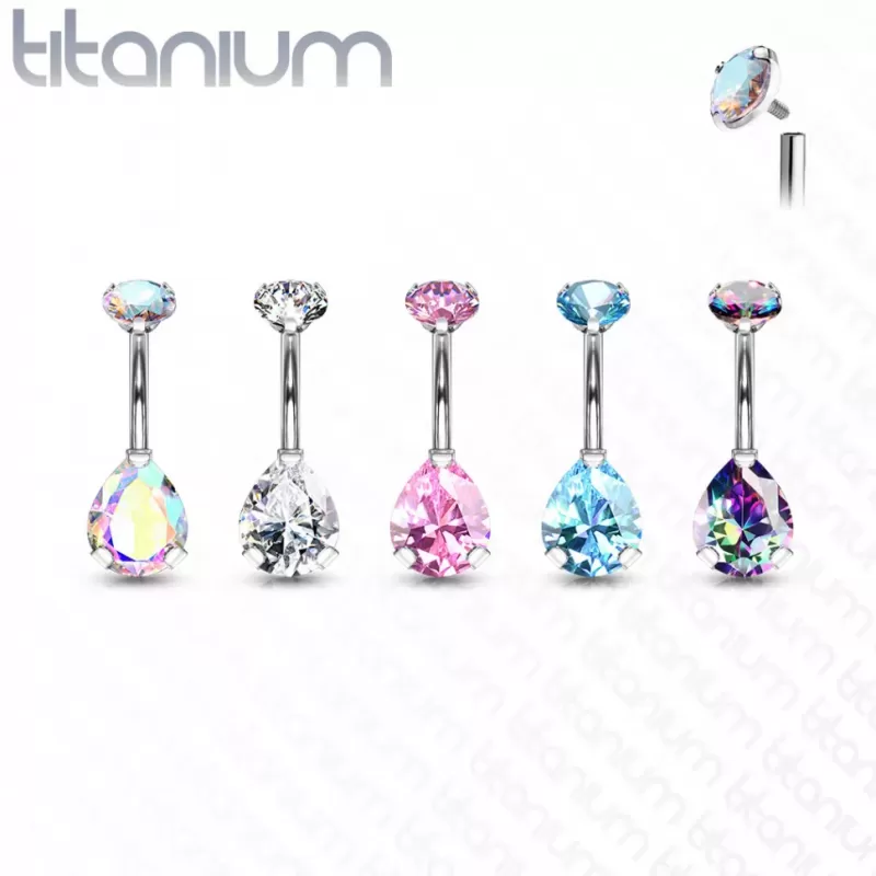 Титановая серьга-банан для пирсинга пупка Pirslab T23N12-AB с фианитом в форме капли