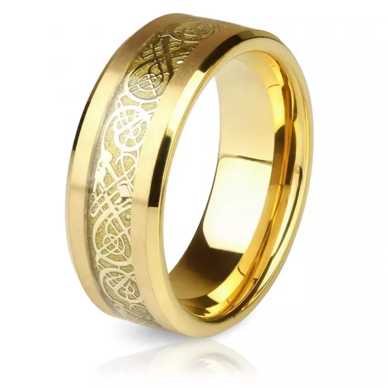 Кольцо из карбида вольфрама INFY RTG-0035 с узором "Кельтский дракон" на золотистом фоне
