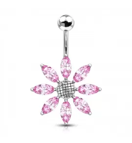 Серьга банан для пирсинга пупка Pirslab NTR3630-P из титана в форме цветка с фианитами