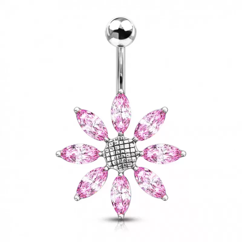 Серьга банан для пирсинга пупка Pirslab NTR3630-P из титана в форме цветка с фианитами