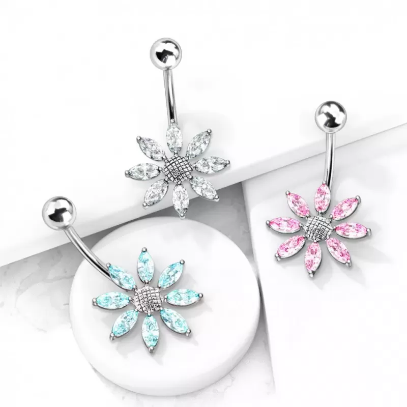 Серьга банан для пирсинга пупка Pirslab NTR3630-P из титана в форме цветка с фианитами