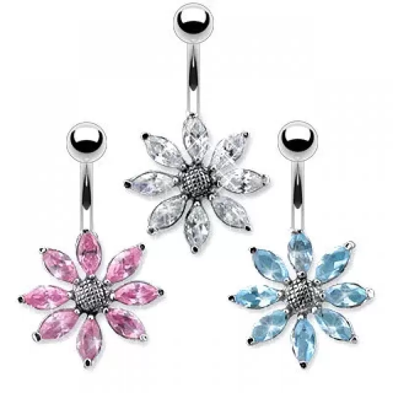 Серьга банан для пирсинга пупка Pirslab NTR3630-P из титана в форме цветка с фианитами