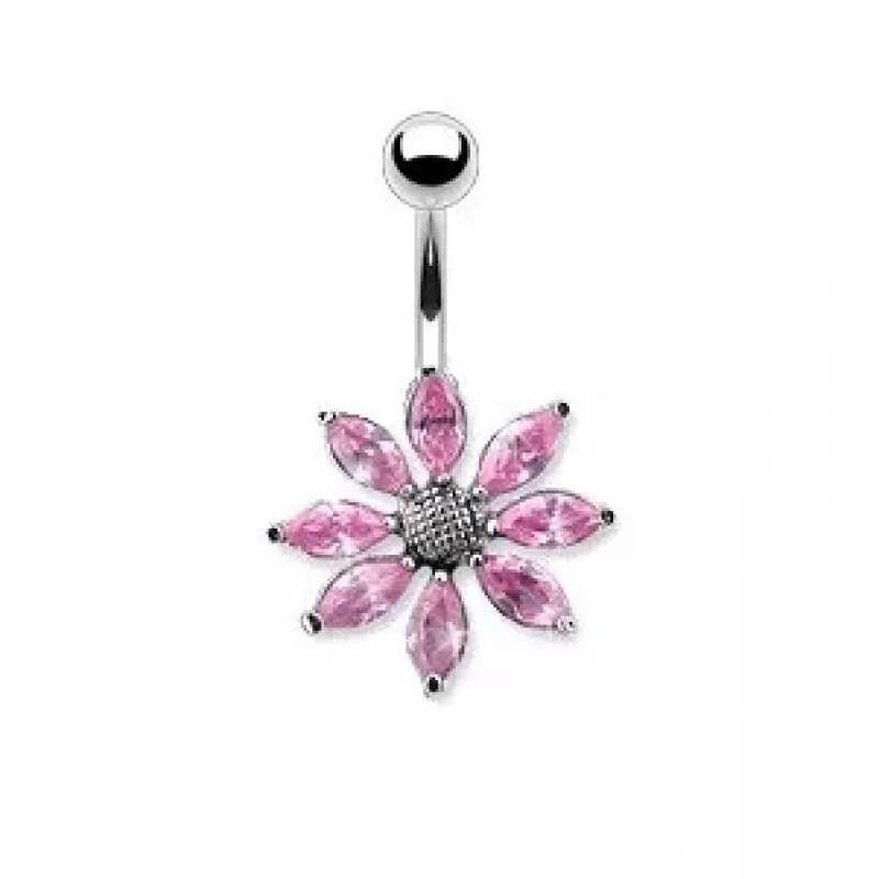 Серьга банан для пирсинга пупка Pirslab NTR3630-P из титана в форме цветка с фианитами