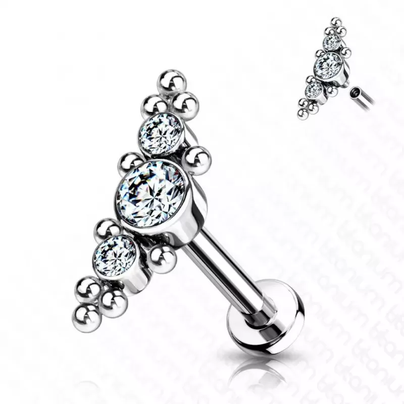 Титановая серьга лабрет для пирсинга хряща уха, хеликса, губ Pirslab TIL33, накрутка кластер с фианитами