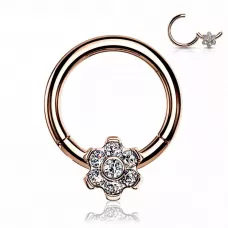 Кольцо кликер из титана с цветком и фианитами Pirslab RHT64 серьга для пирсинга септума носа, трагуса, хеликса уха, брови, сосков, пупка, розовое золото