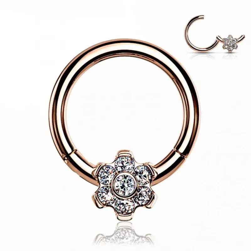 Кольцо кликер из титана с цветком и фианитами Pirslab RHT64 серьга для пирсинга септума носа, трагуса, хеликса уха, брови, сосков, пупка, розовое золото