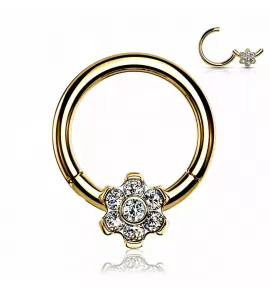 Кольцо кликер из титана с цветком и фианитами Pirslab RHT64 серьга для пирсинга септума носа, трагуса, хеликса уха, брови, сосков, пупка, желтое золото