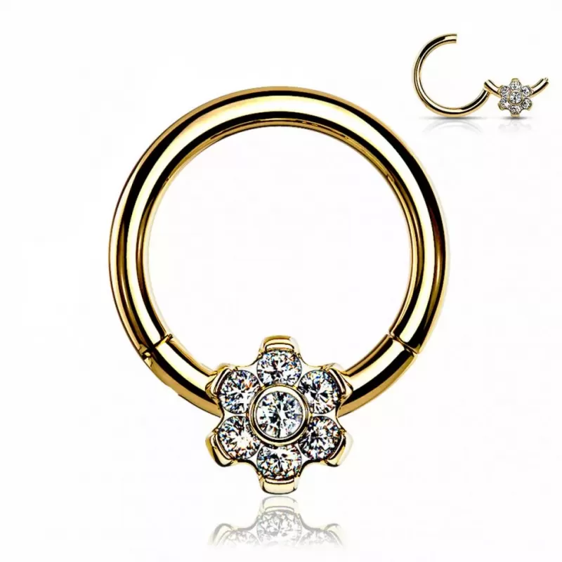 Кольцо кликер из титана с цветком и фианитами Pirslab RHT64 серьга для пирсинга септума носа, трагуса, хеликса уха, брови, сосков, пупка, желтое золото