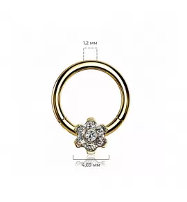 Кольцо кликер из титана с цветком и фианитами Pirslab RHT64 серьга для пирсинга септума носа, трагуса, хеликса уха, брови, сосков, пупка, желтое золото
