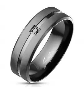 Черное мужское кольцо из стали с матовыми полосами и фианитом Spikes R-M7110
