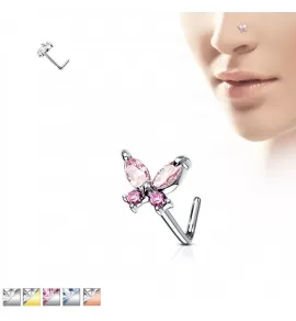 Серьга нострил (гвоздик) для пирсинга крыла носа PiercedFish NOL-611 с фианитами в форме бабочки