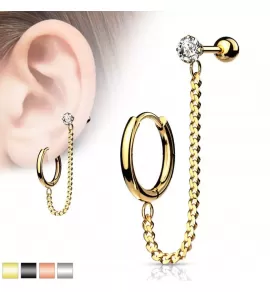 Серьга кафф с цепочкой на все ухо (кольцо и штанга на хрящ) TATIC JC-025 из стали с фианитом