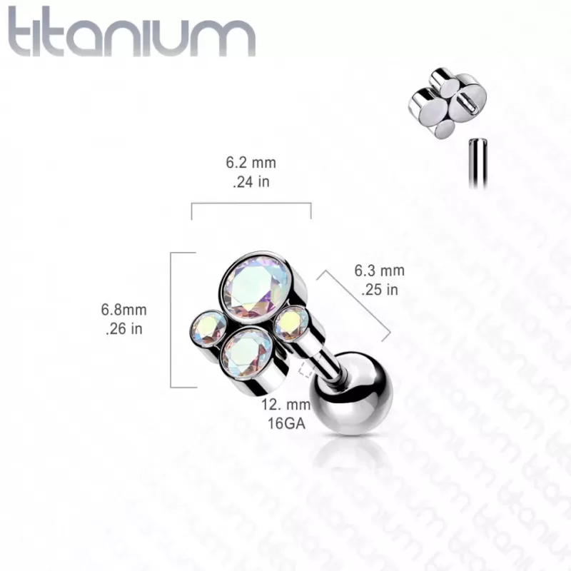 Титановая серьга штанга для пирсинга хряща уха Pirslab TIJ10-P накрутка кластер с фианитами