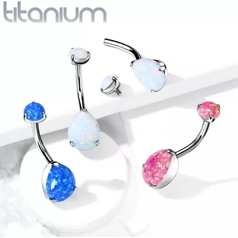 Серьга банан для пирсинга пупка Pirslab T23N14-OP17 из титана с синтетическим опалом