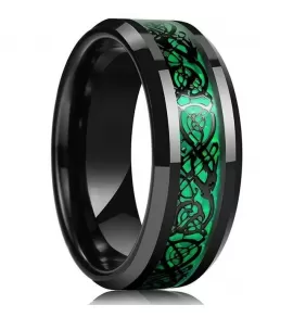 Черное кольцо из стали TATIC RSS-6773 с зеленым узором "Кельтский дракон"