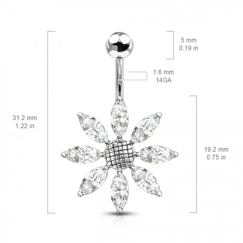 Серьга банан для пирсинга пупка Pirslab NTR3630-C из титана в форме цветка с фианитами