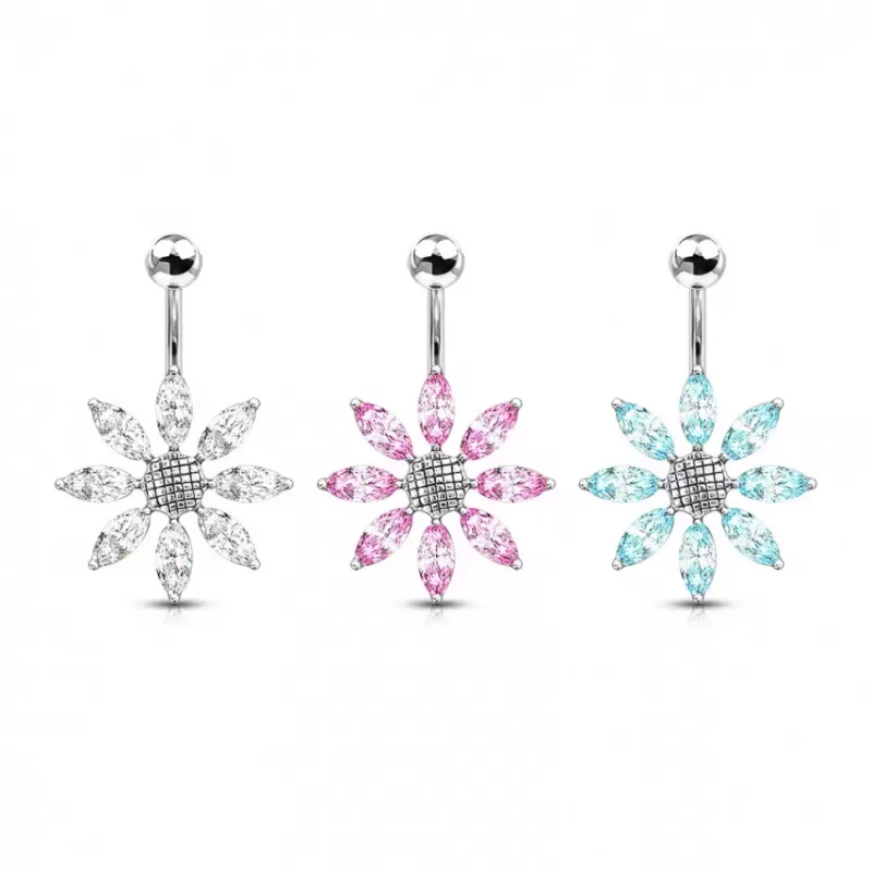 Серьга банан для пирсинга пупка Pirslab NTR3630-C из титана в форме цветка с фианитами