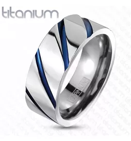 Кольцо из титана Spikes R-TI-4381 с синим диагональным узором